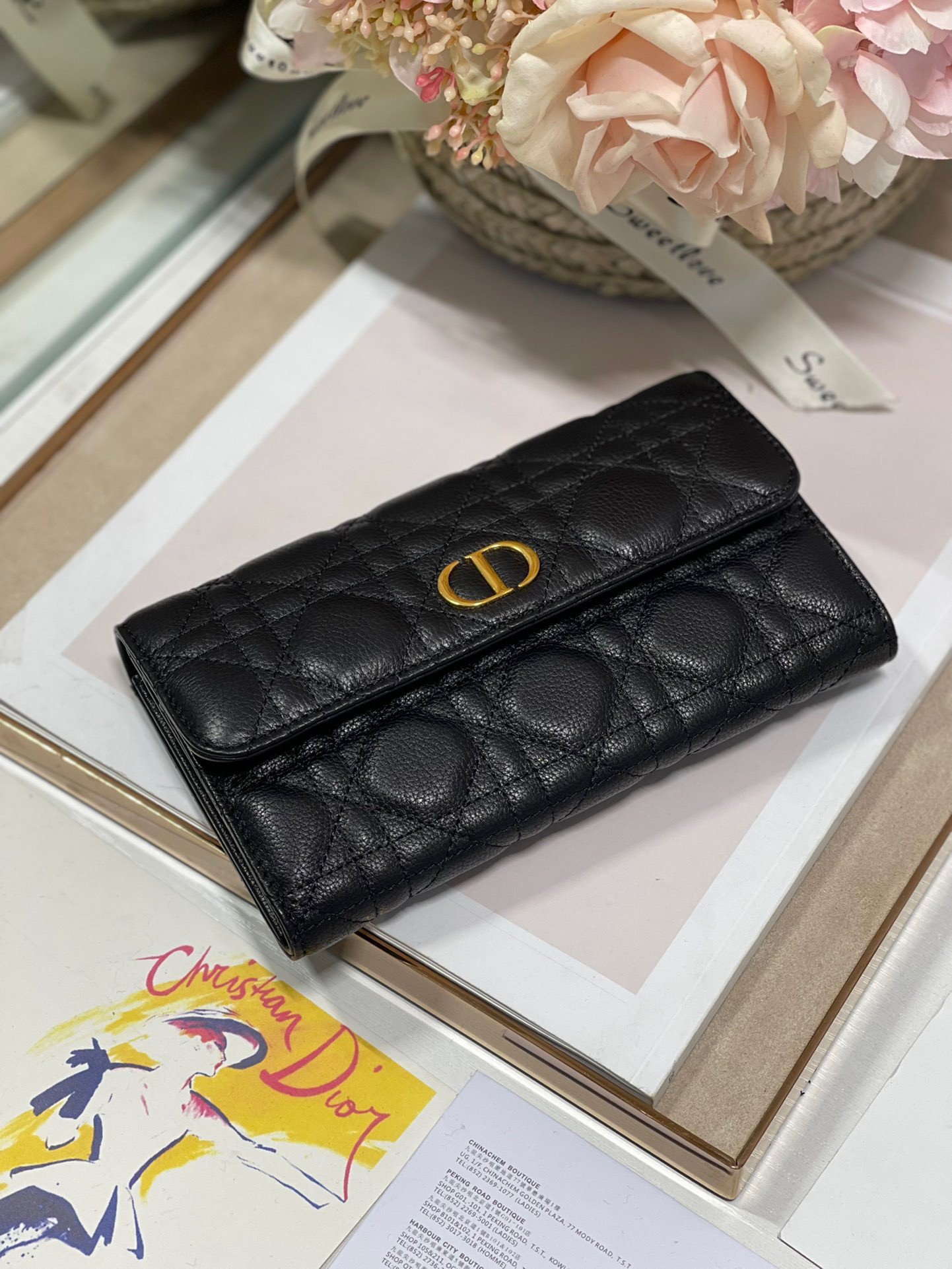 Dior Caro Continental Wallet In Black Cannage Calfskin