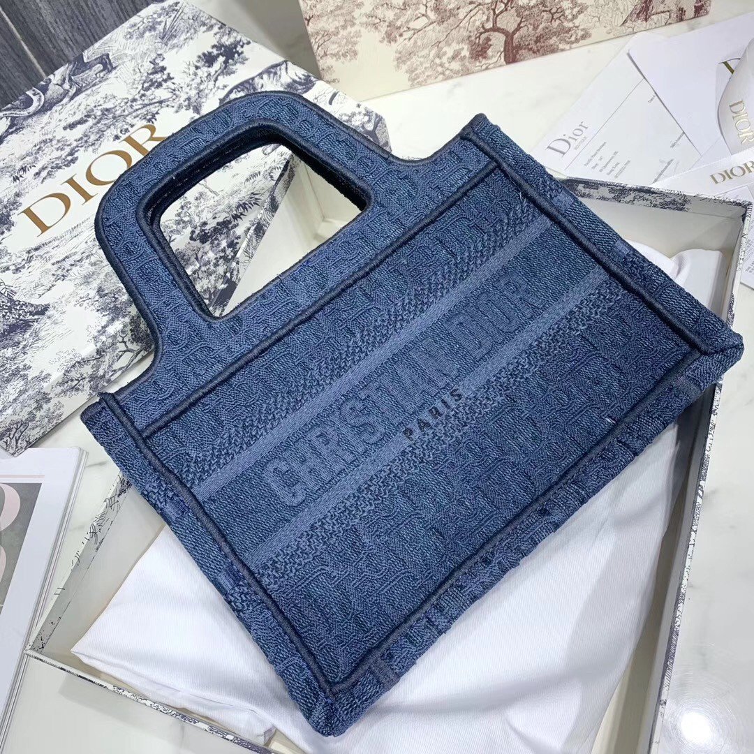 Dior Mini Book Tote Bag In Denim Blue Oblique Canvas