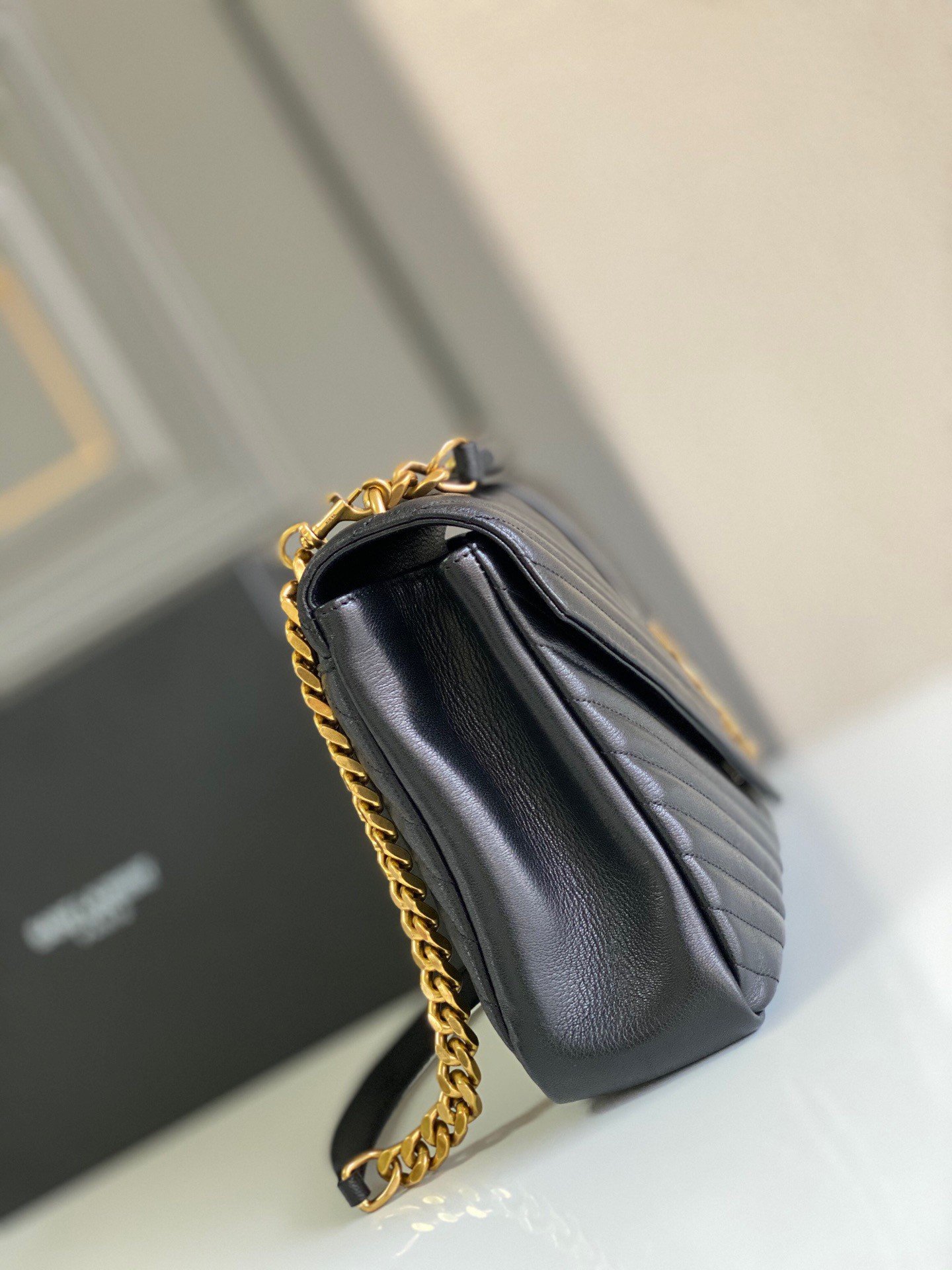 Saint Laurent College Large Chain Bag In Black Goatskin