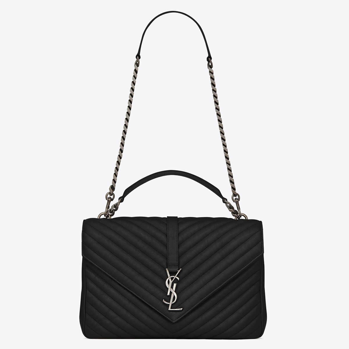 Saint Laurent College Large Chain Bag In Noir Goatskin