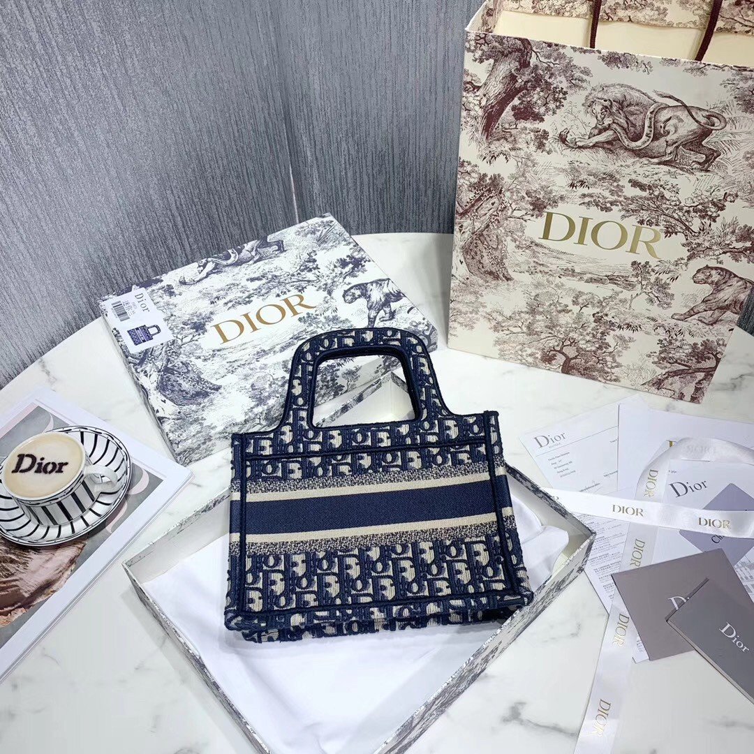 Dior Mini Book Tote Bag In Blue Dior Oblique Embroidery