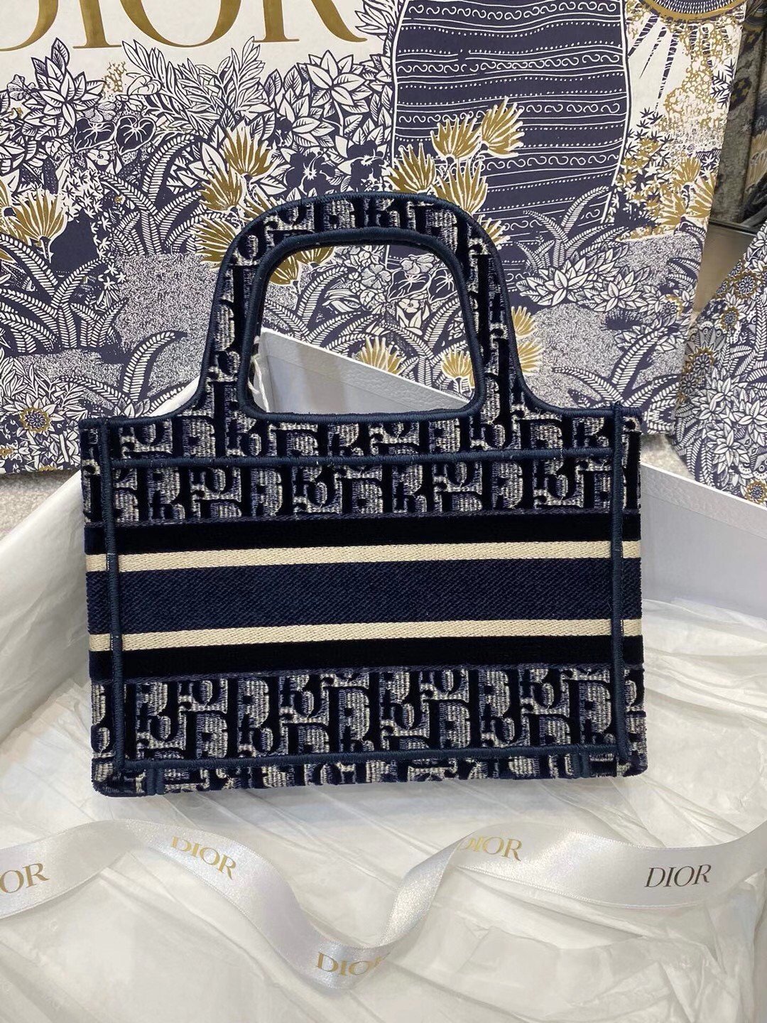 Dior Mini Book Tote Bag In Blue Velvet Oblique Embroidered