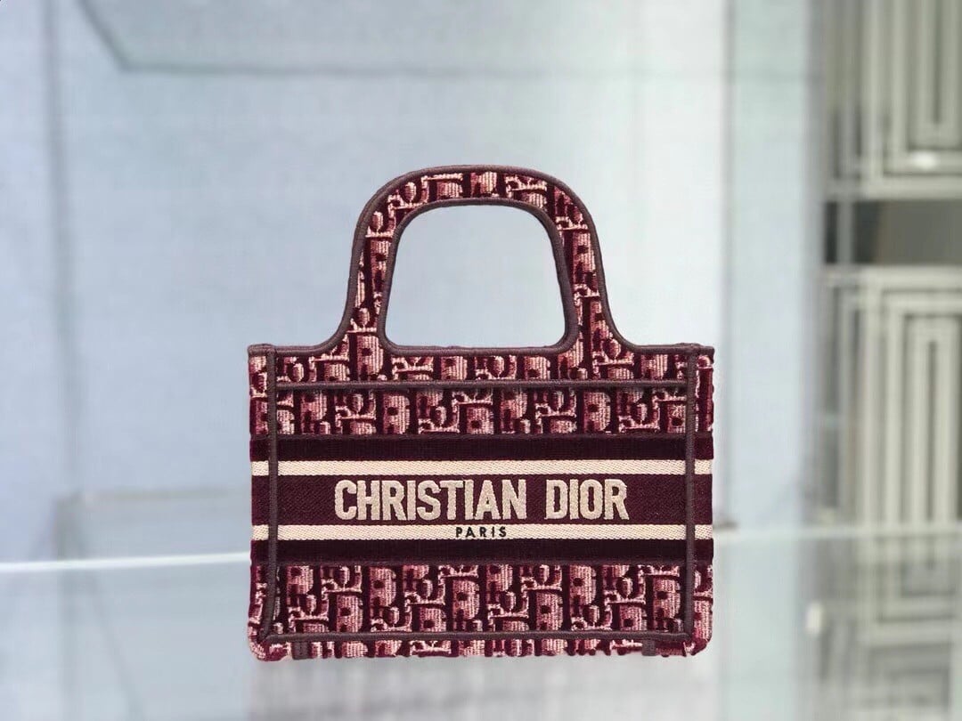 Dior Mini Book Tote Bag In Bordeaux Velvet Oblique Embroidered