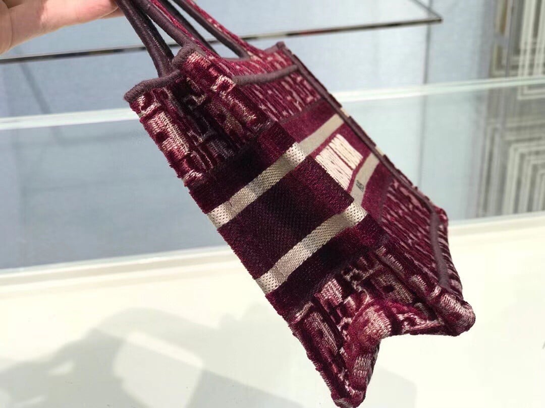 Dior Mini Book Tote Bag In Bordeaux Velvet Oblique Embroidered