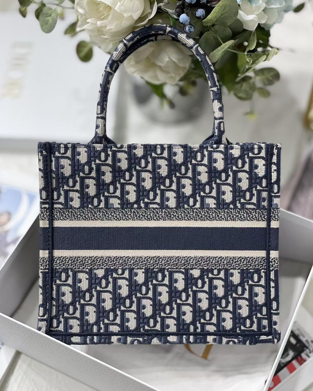 Dior Small Book Tote Bag In Blue Dior Oblique Embroidery