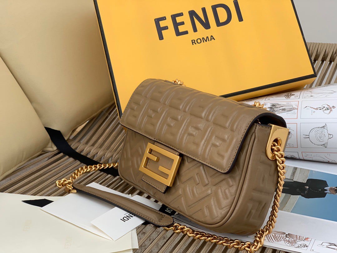 Fendi Baguette Chain Midi Bag In Taupe Nappa Leather