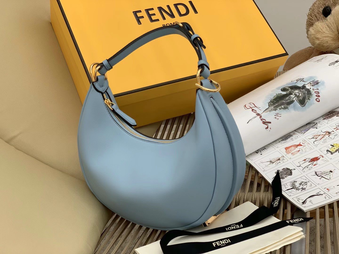 Fendi Fendigraphy Small Hobo Bag In Light Blue Leather