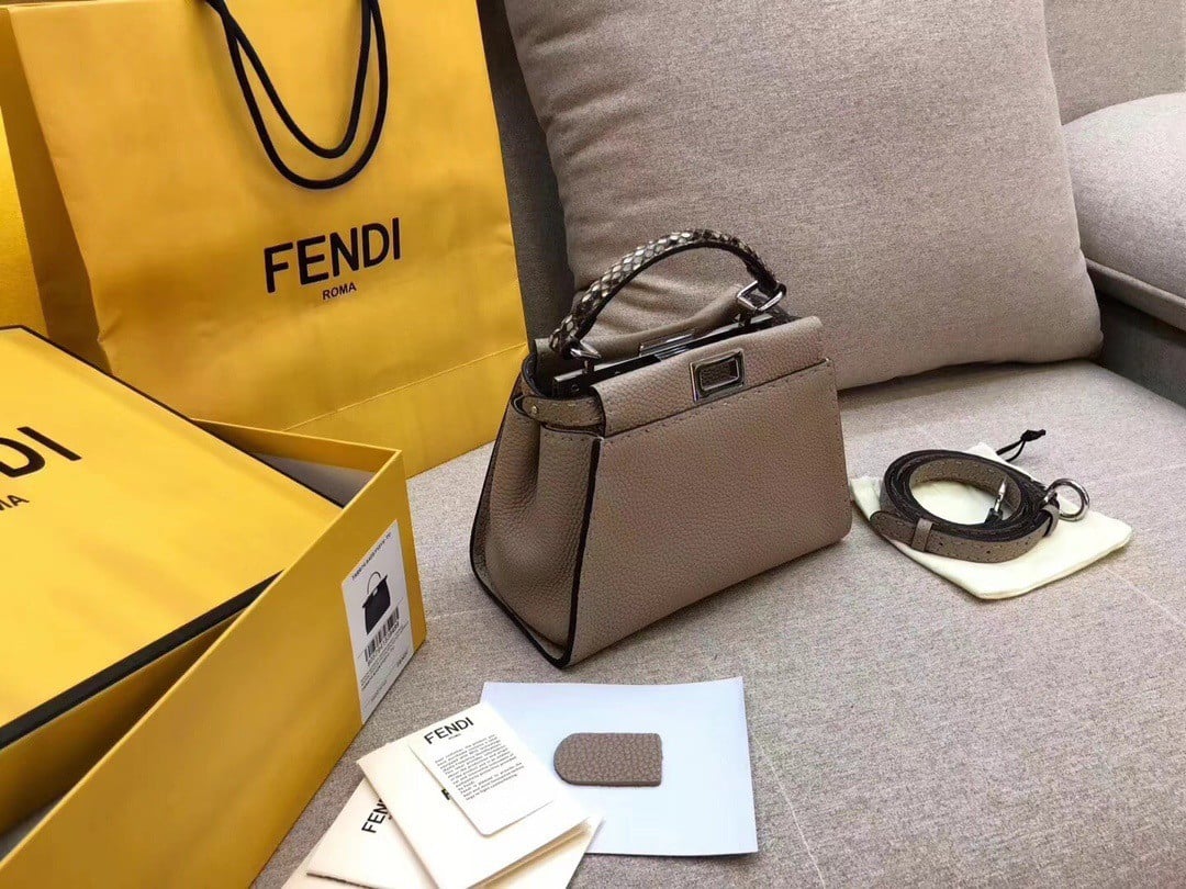 Fendi Peekaboo Mini Selleria Grey Bag with Python Leather Handle