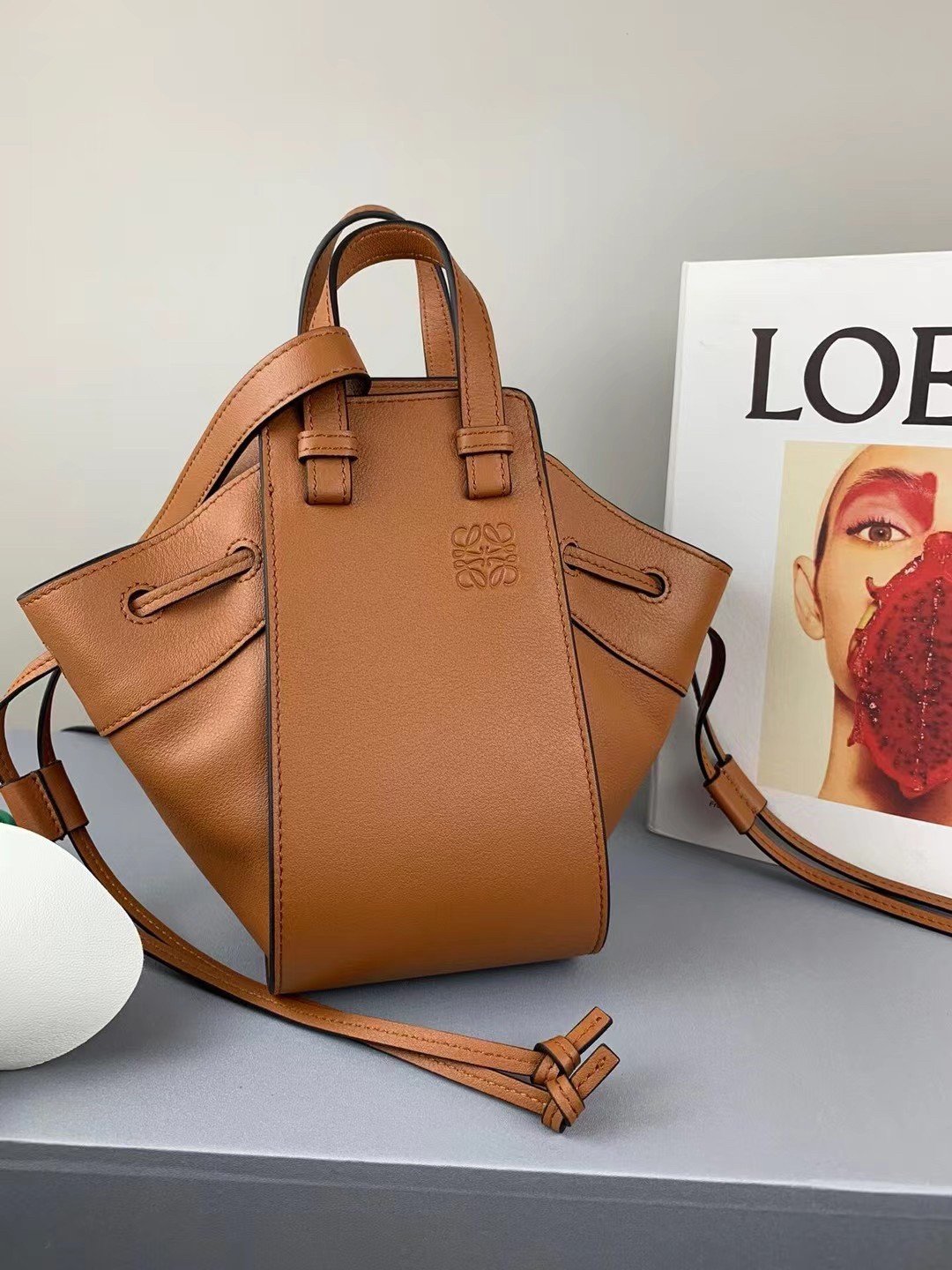 Loewe Mini Hammock Drawstring Bag In Brown Calfskin