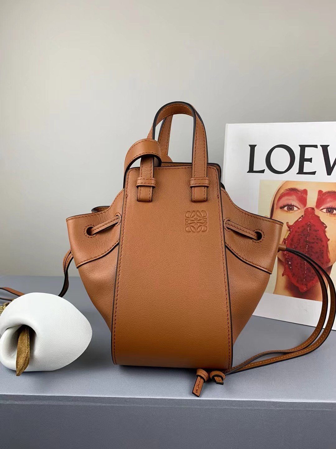 Loewe Mini Hammock Drawstring Bag In Brown Calfskin