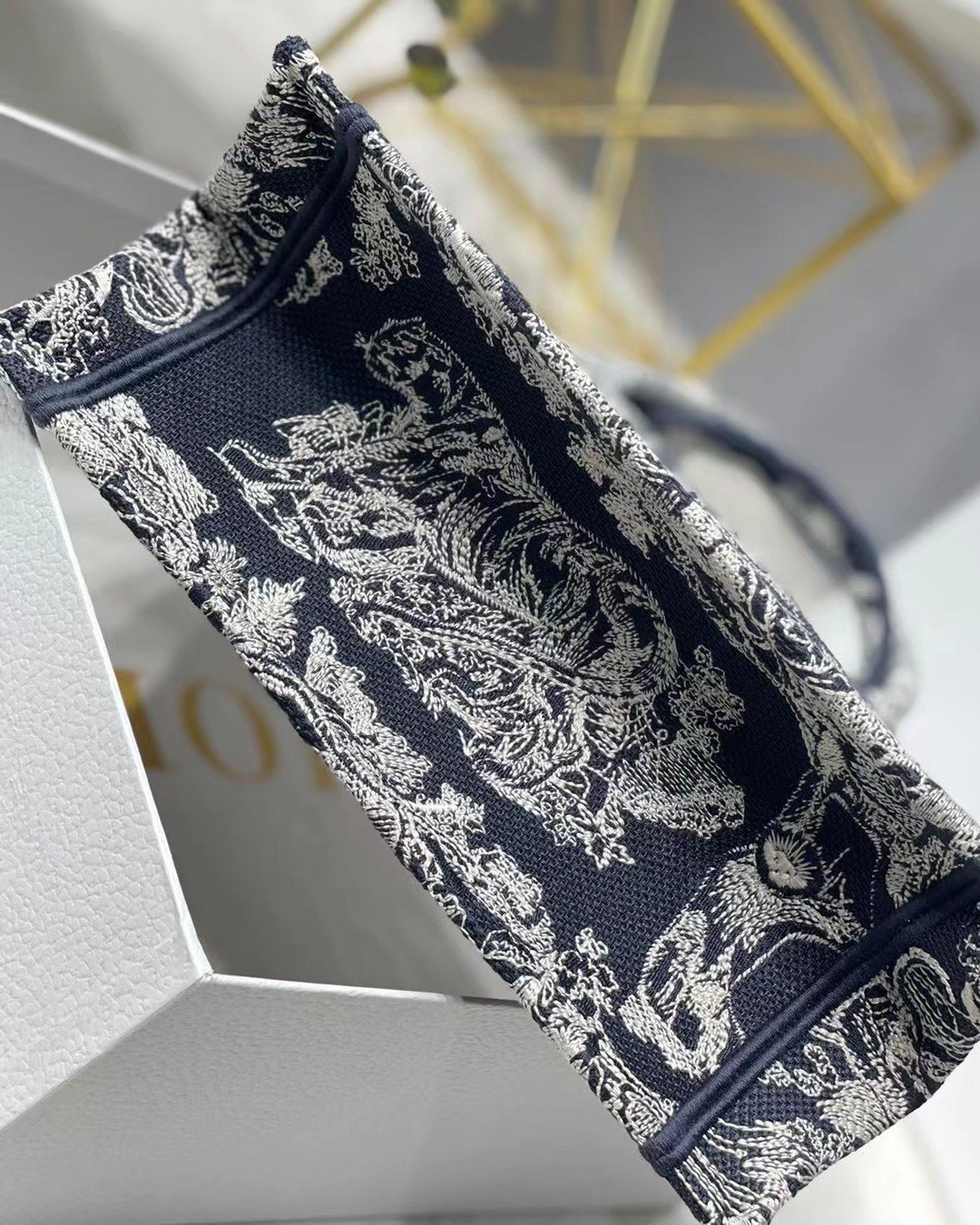 Dior Small Book Tote Bag In Blue Toile de Jouy Reverse Embroidery