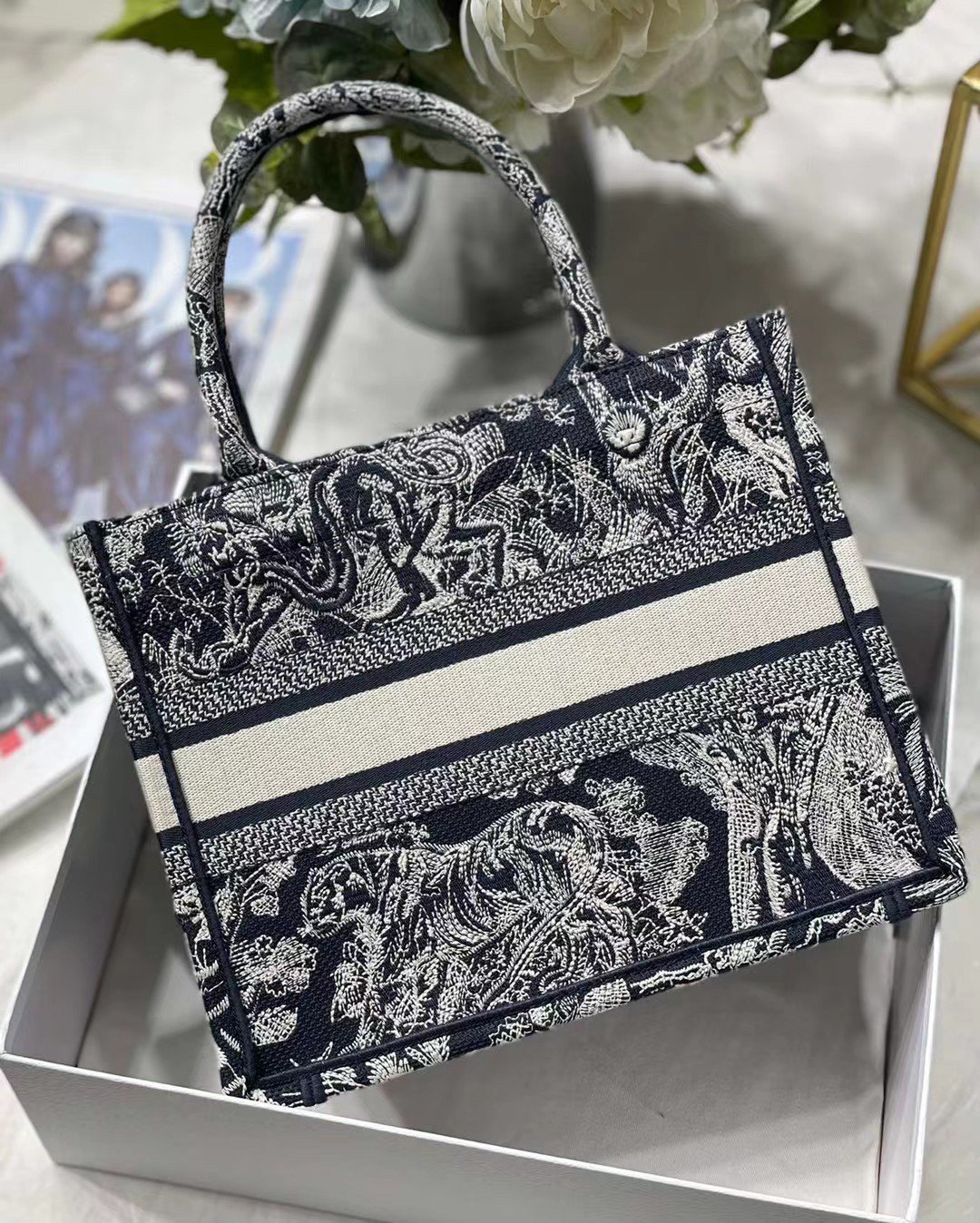 Dior Small Book Tote Bag In Blue Toile de Jouy Reverse Embroidery