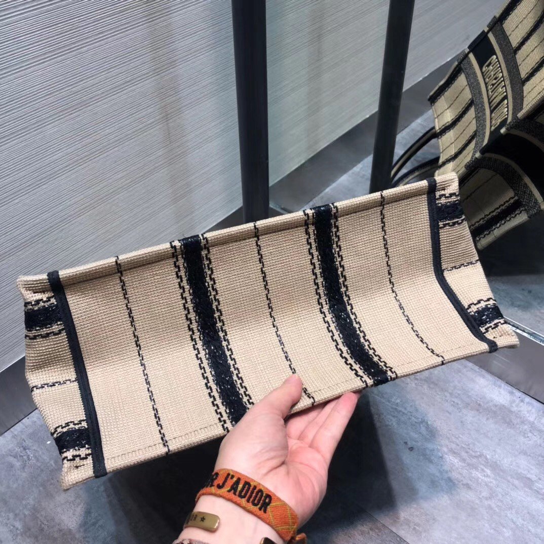 Dior Medium Book Tote Bag In Black and Beige Bayadère Embroidered