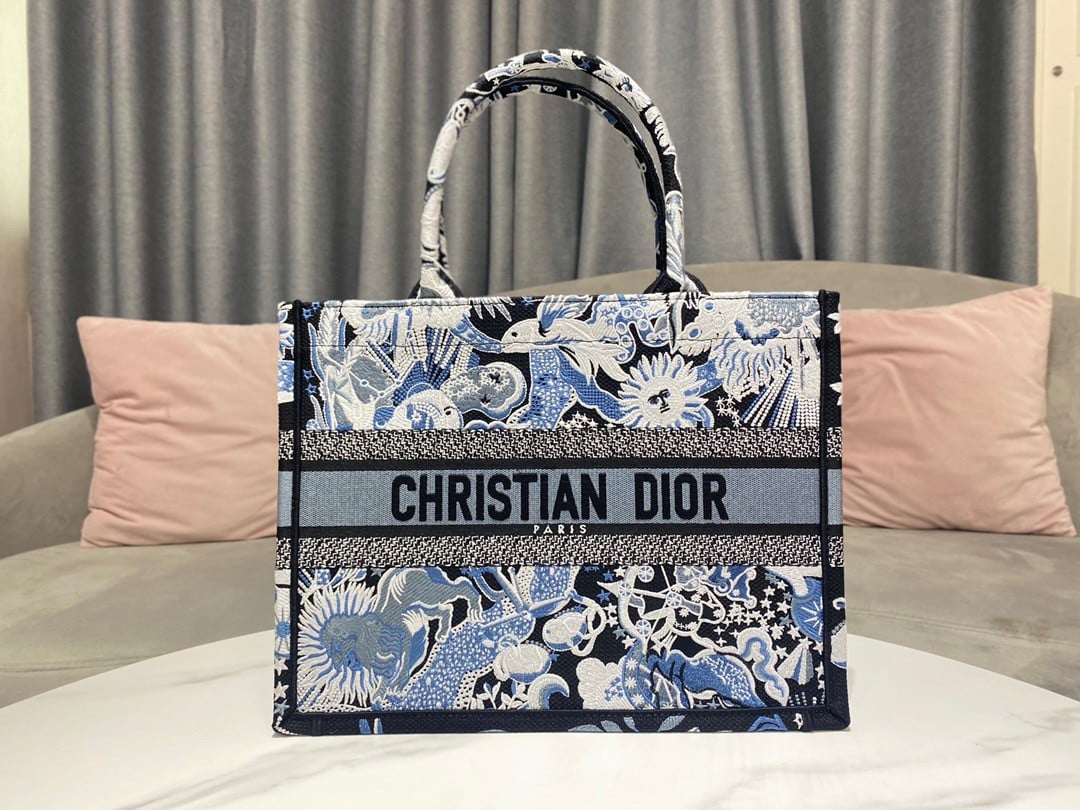 Dior Medium Book Tote Bag In Blue Zodiac Fantastico Embroidery