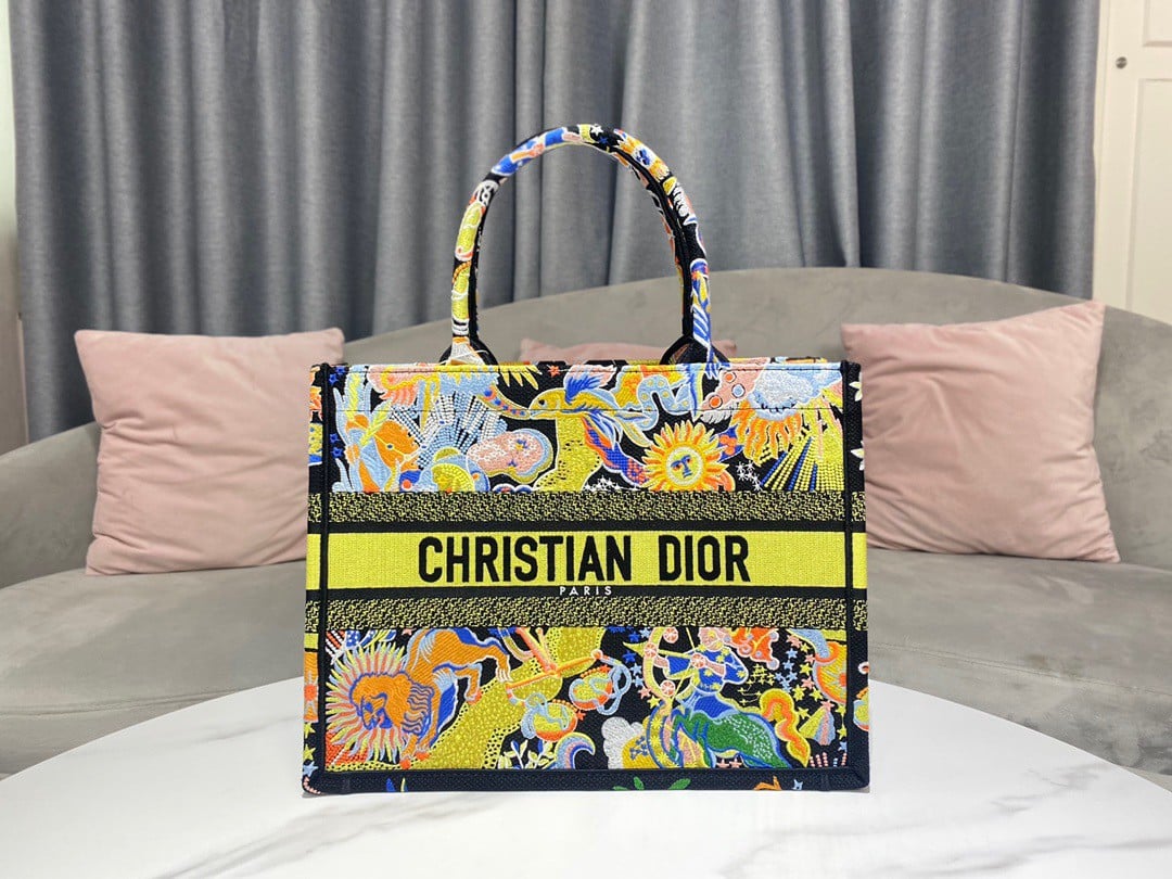 Dior Medium Book Tote Bag In Multicolor Zodiac Fantastico Embroidery