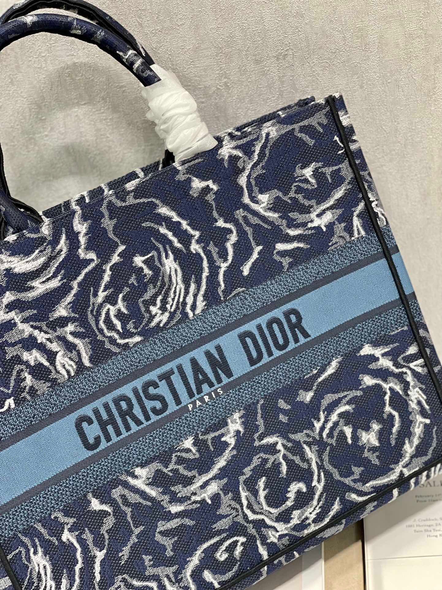 Dior Large Book Tote Bag In Blue Dior Roses Embroidery