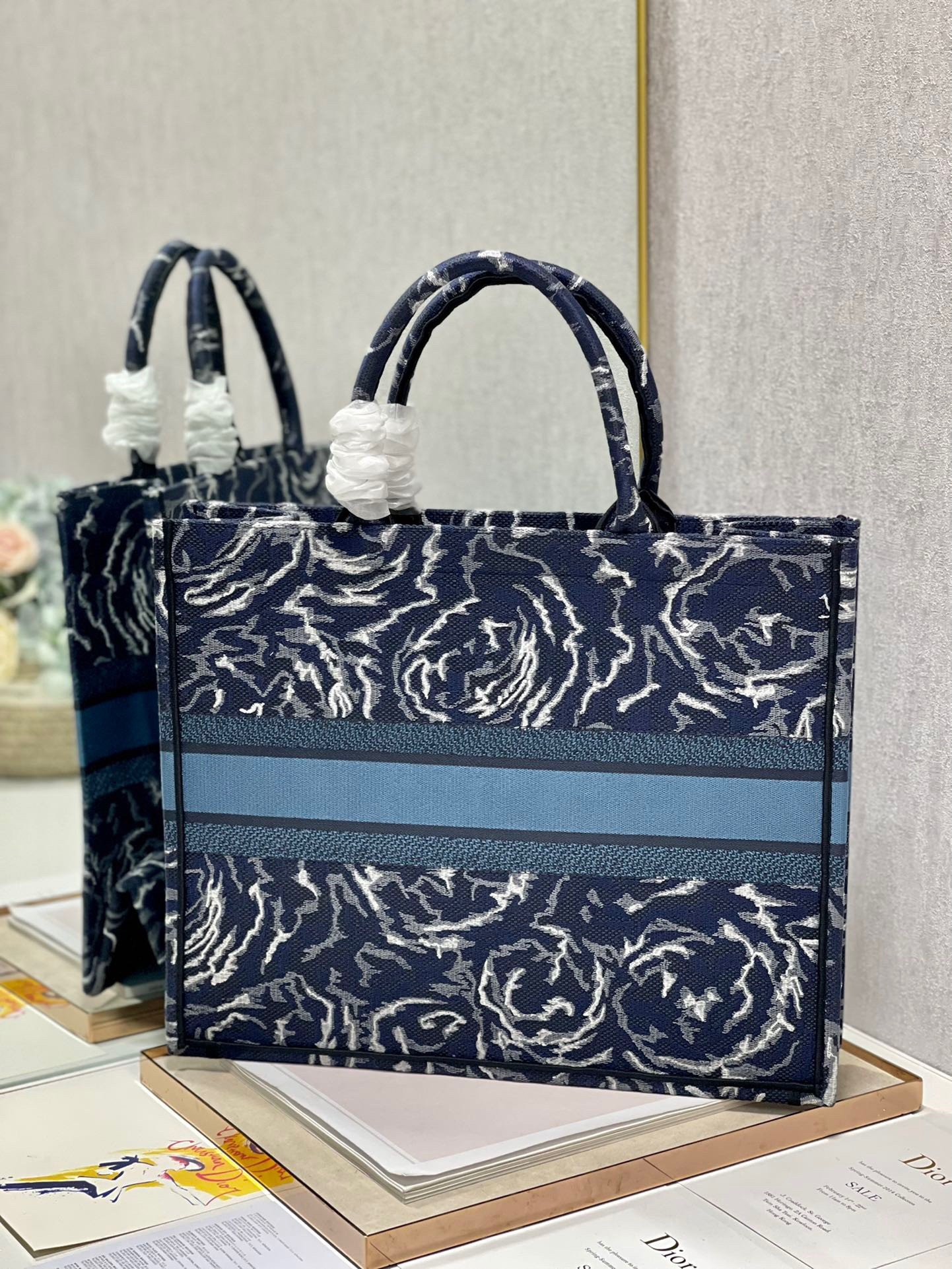 Dior Large Book Tote Bag In Blue Dior Roses Embroidery