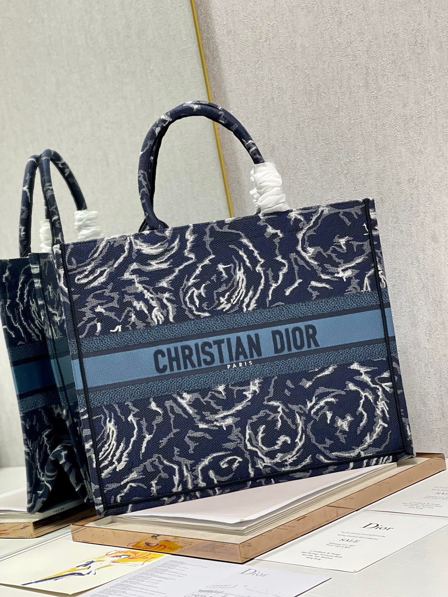 Dior Large Book Tote Bag In Blue Dior Roses Embroidery