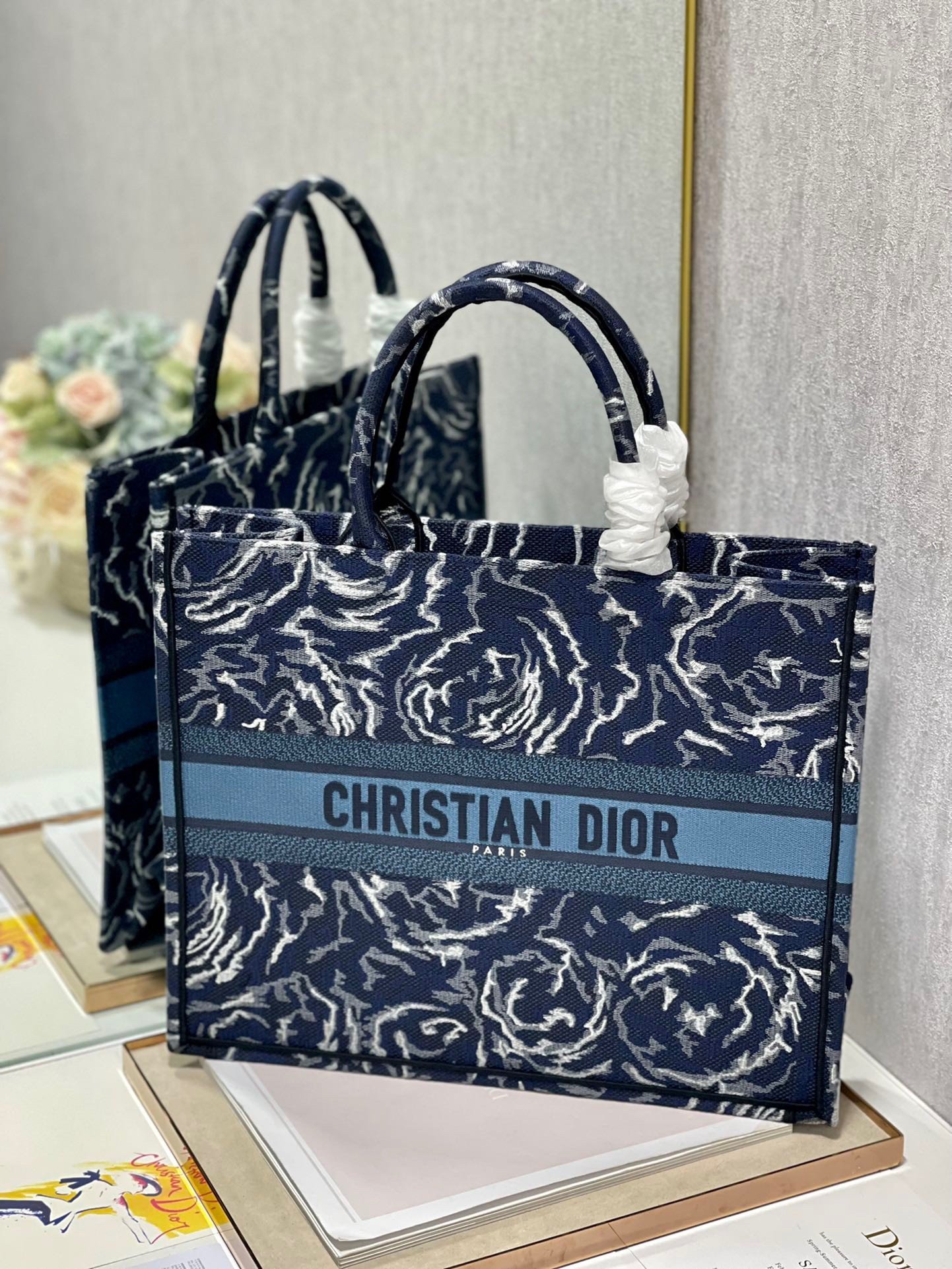 Dior Large Book Tote Bag In Blue Dior Roses Embroidery