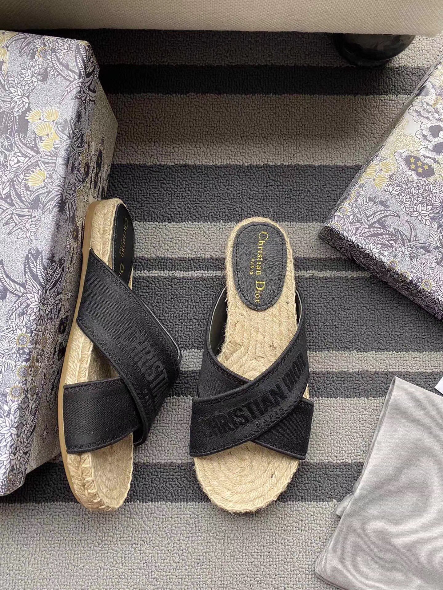 Dior Granville Espadrilles Sandals In Black Embroidered Cotton