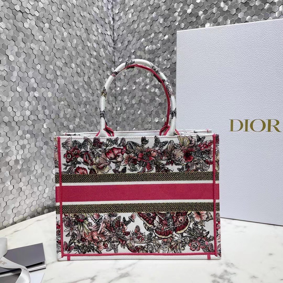 Dior Medium Book Tote Bag In Multicolor Butterfly Embroidery