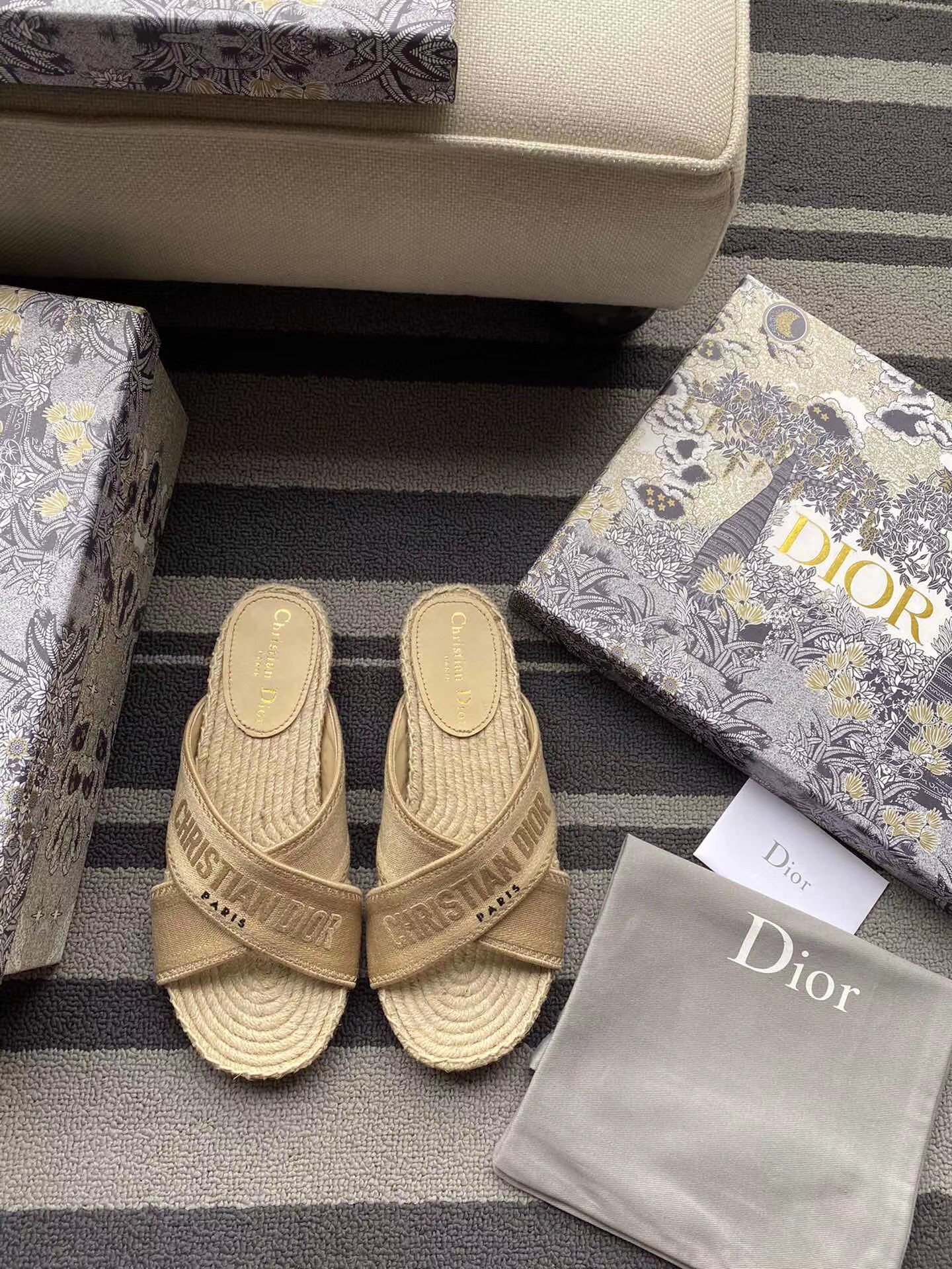 Dior Granville Espadrilles Sandals In Beige Embroidered Cotton