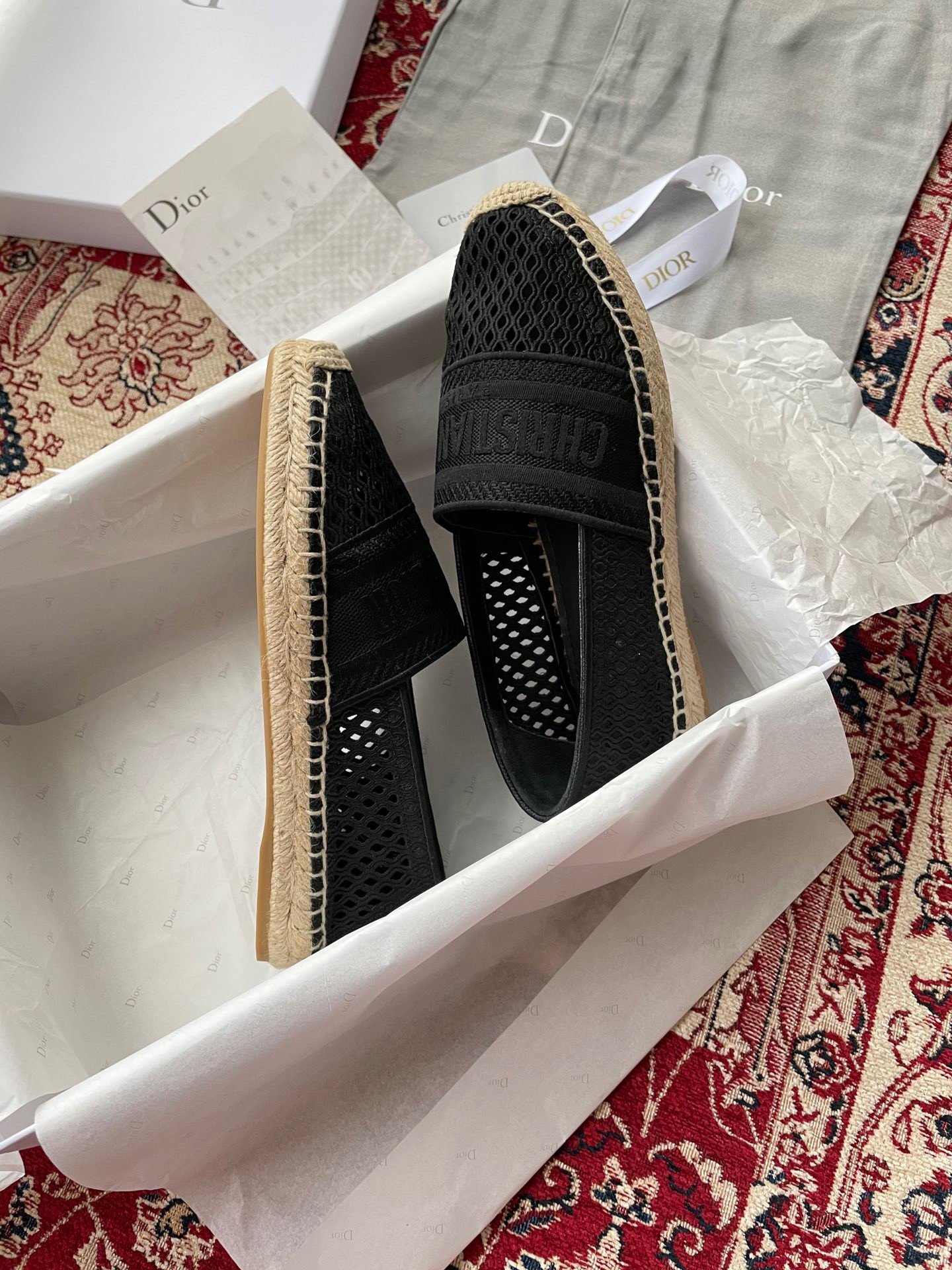 Dior Granville Espadrilles In Black Mesh Embroidery