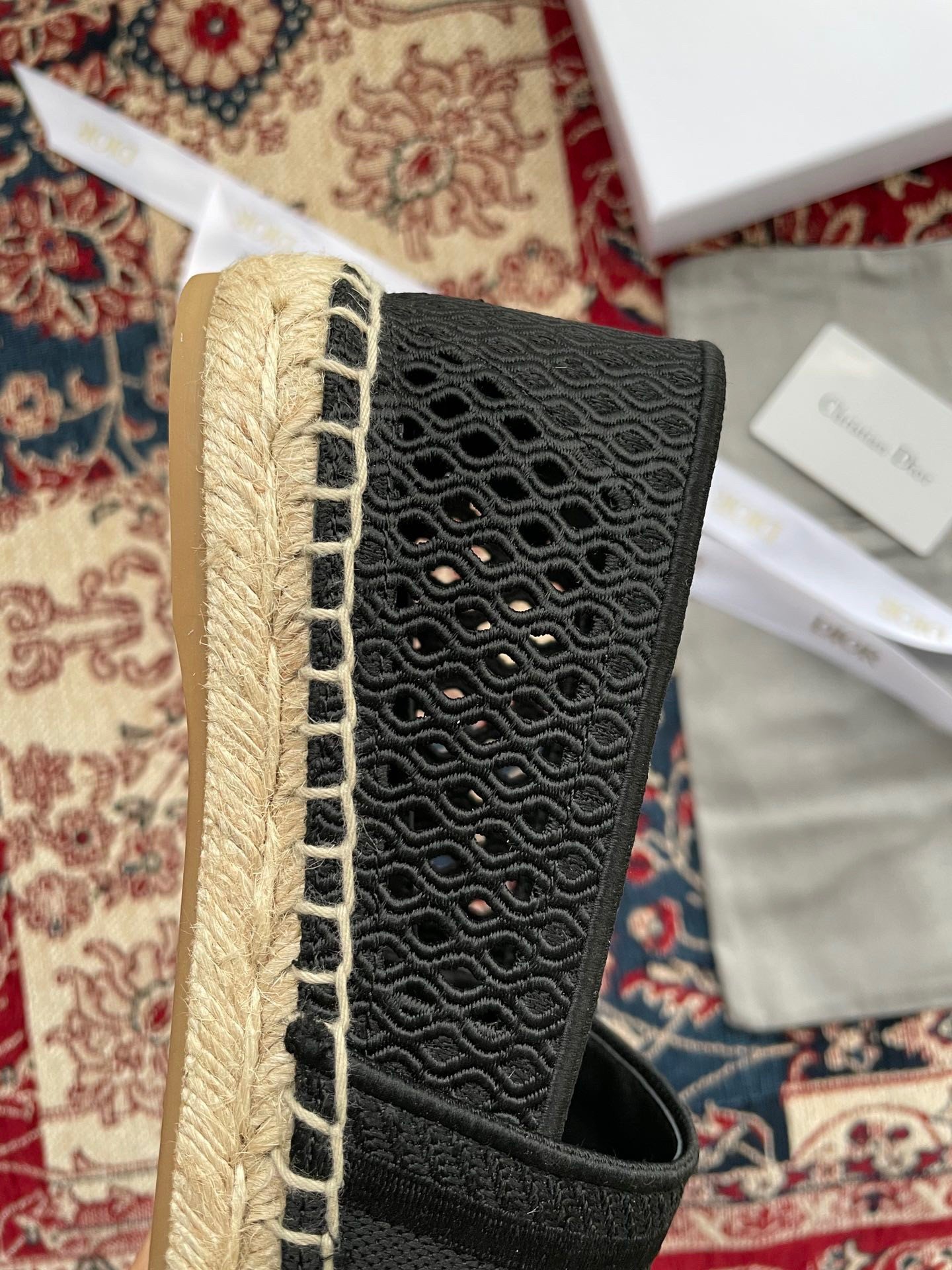 Dior Granville Espadrilles In Black Mesh Embroidery