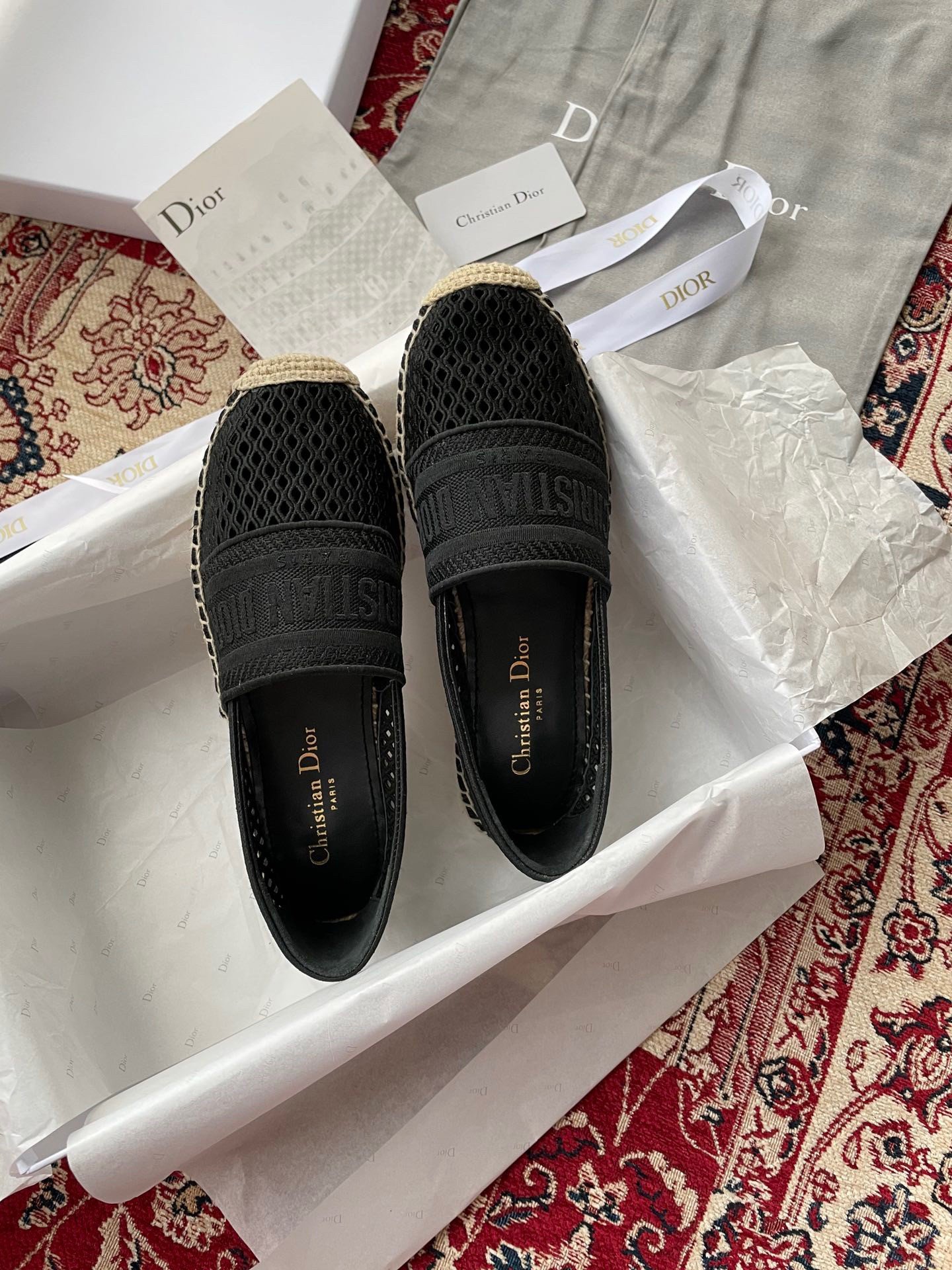 Dior Granville Espadrilles In Black Mesh Embroidery