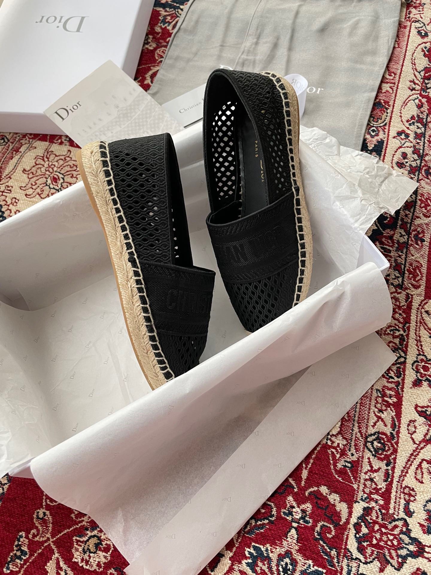 Dior Granville Espadrilles In Black Mesh Embroidery