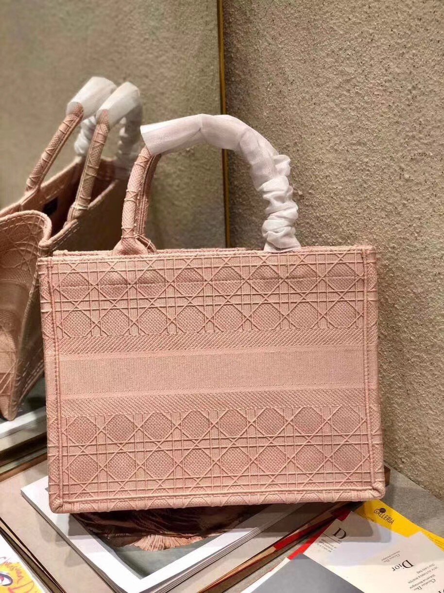 Dior Medium Book Tote Bag In Pink Cannage Embroidered Canvas