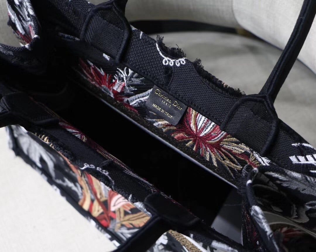 Dior Medium Book Tote In Black Camouflage With Multicolored Flowers