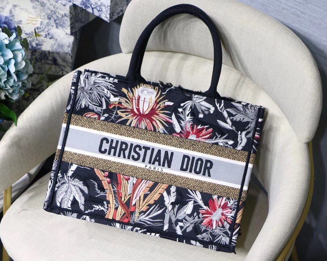 Dior Medium Book Tote In Black Camouflage With Multicolored Flowers