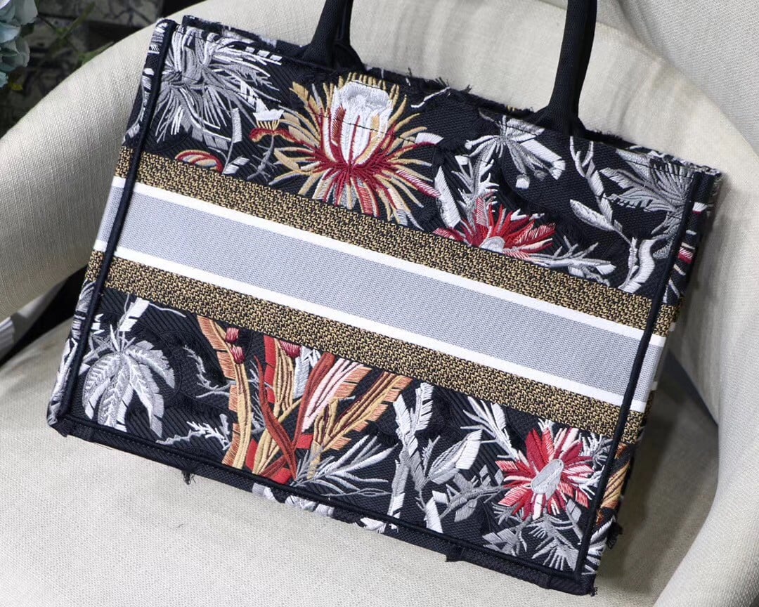 Dior Medium Book Tote In Black Camouflage With Multicolored Flowers