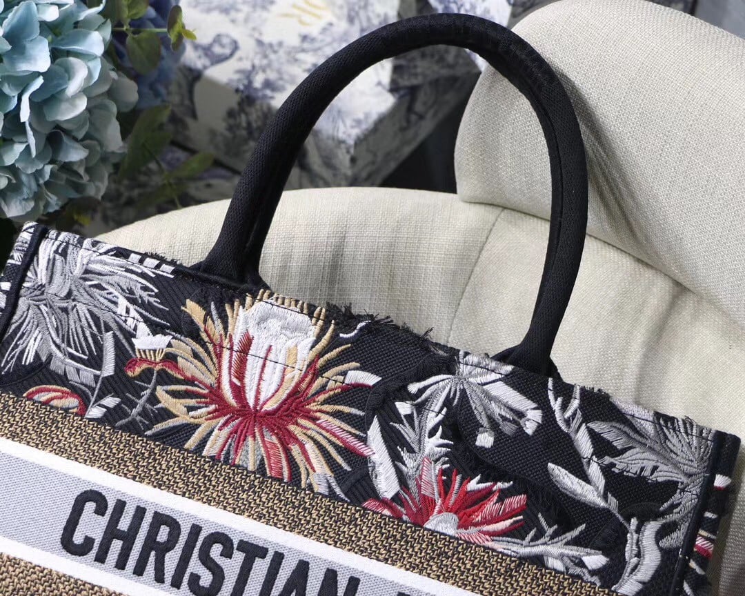 Dior Medium Book Tote In Black Camouflage With Multicolored Flowers