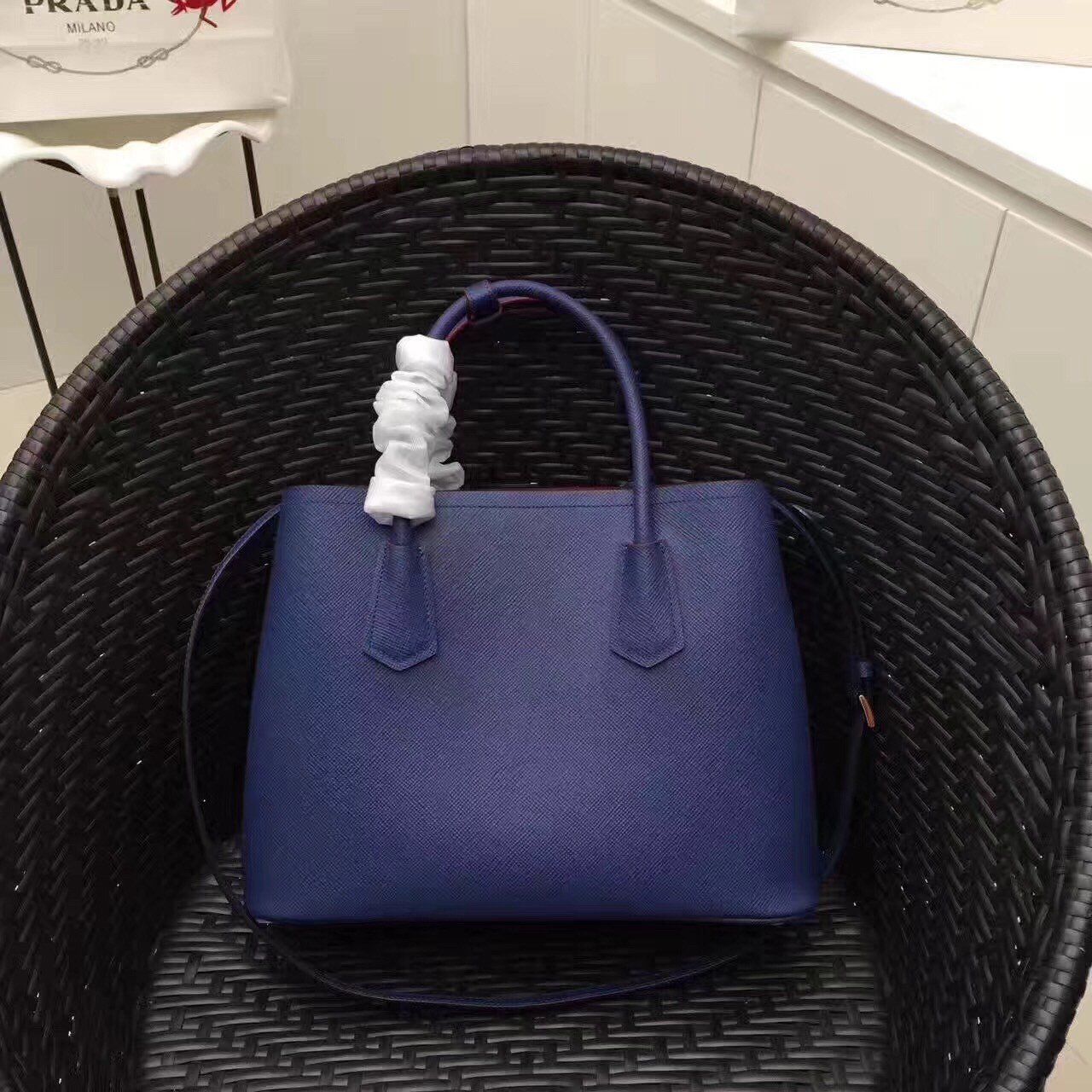 Prada Double Medium Tote Bag In Blue Saffiano Leather