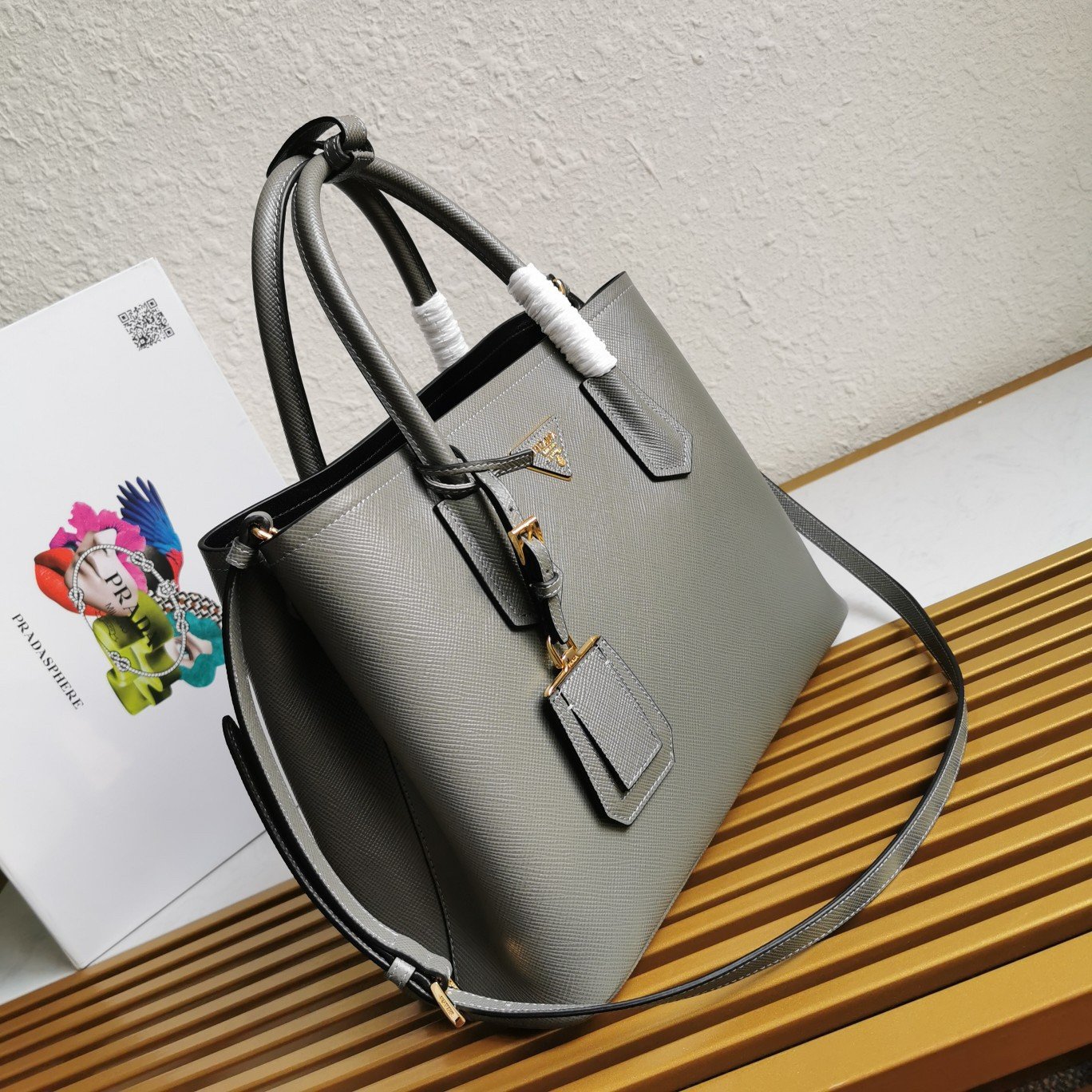 Prada Double Medium Tote Bag In Grey Saffiano Leather