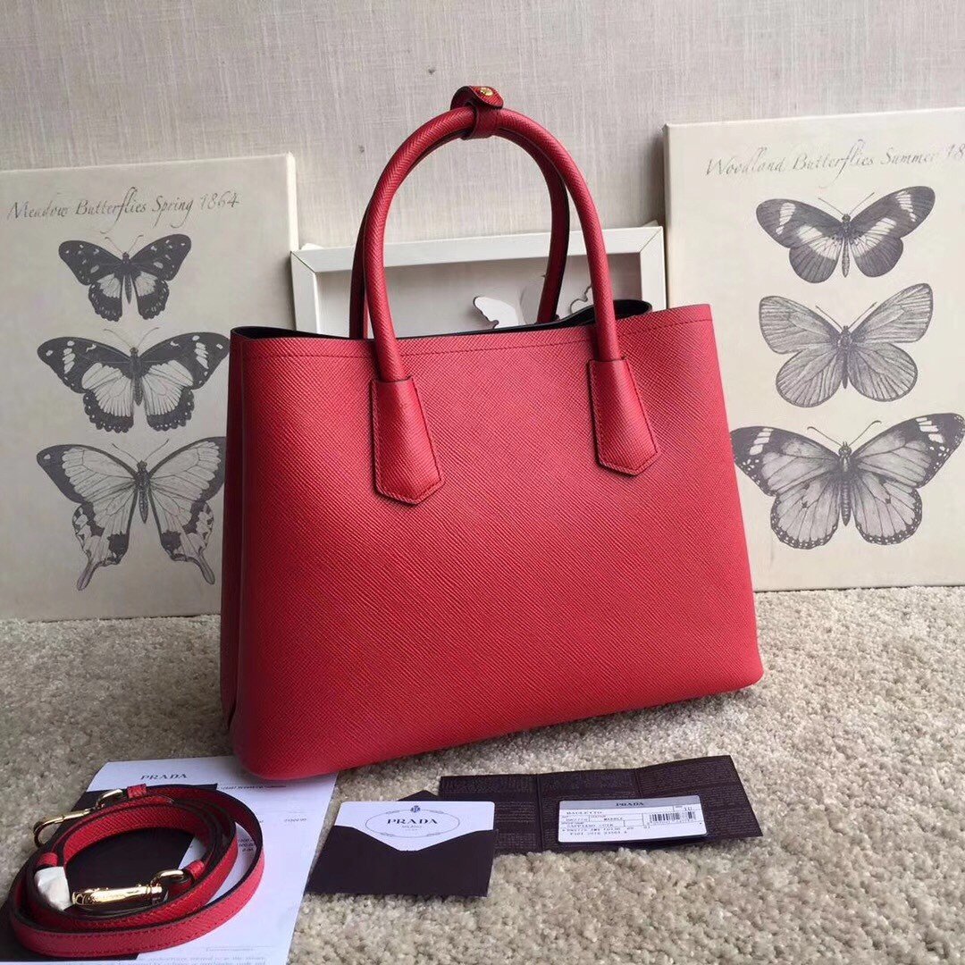 Prada Double Medium Tote Bag In Red Saffiano Leather