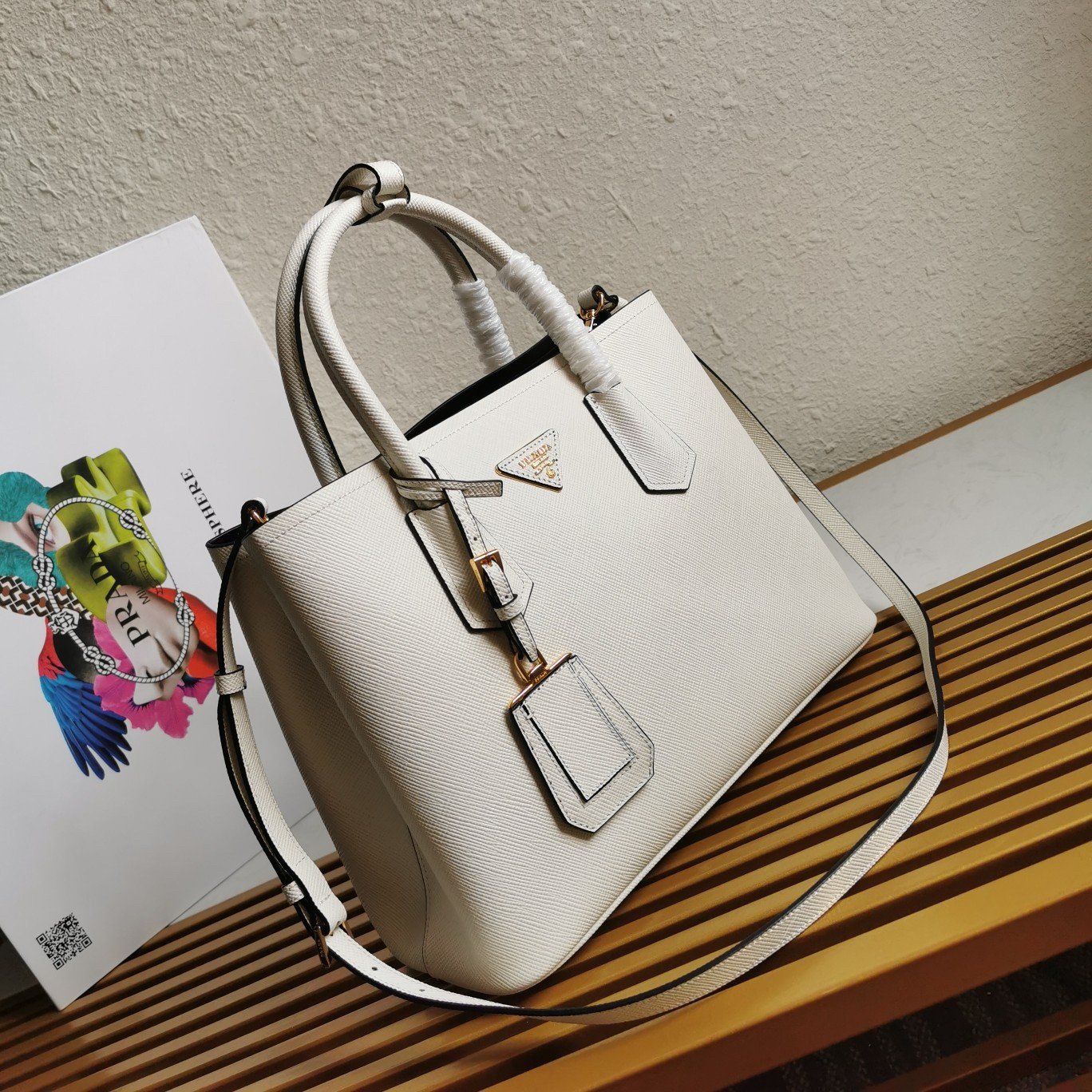 Prada Double Medium Tote Bag In White Saffiano Leather