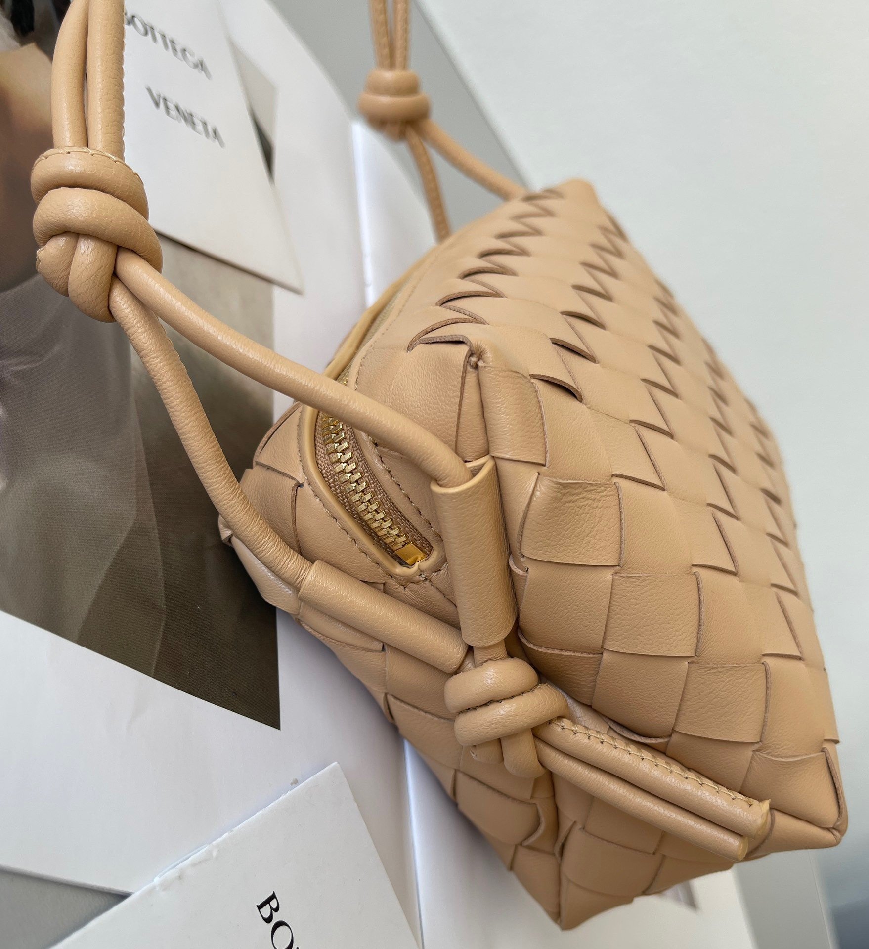 Bottega Veneta Loop Mini Bag In Almond Intrecciato Lambskin