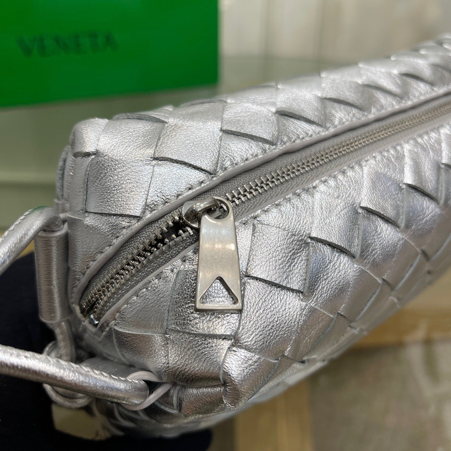 Bottega Veneta Loop Small Bag In Silver Intrecciato Lambskin