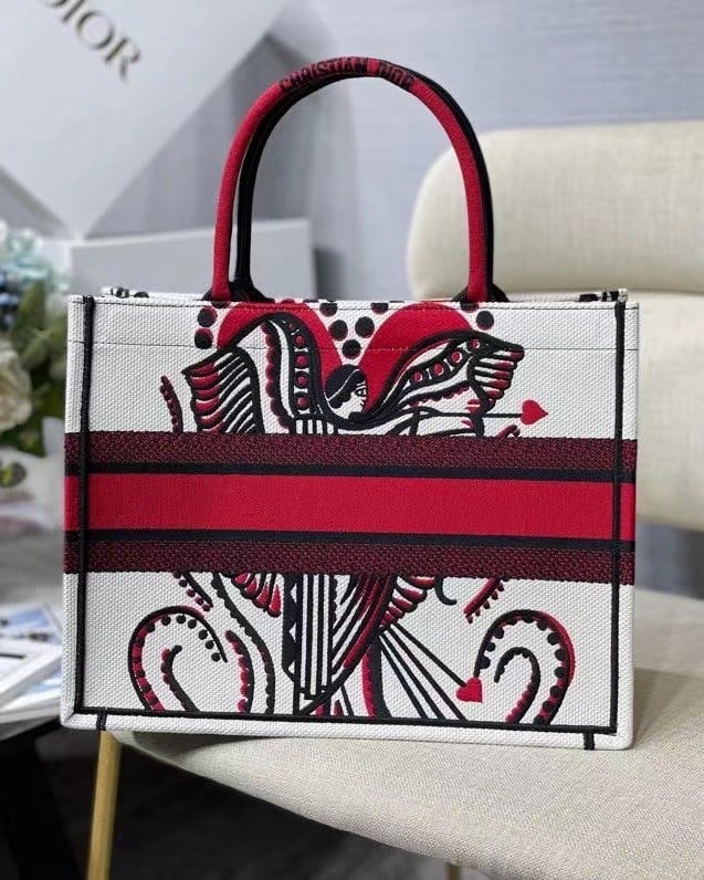 Dior Medium Book Tote Bag In Latte Multicolor Cupidon Embroidery