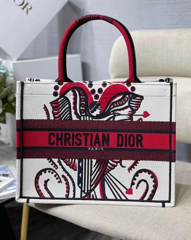 Dior Medium Book Tote Bag In Latte Multicolor Cupidon Embroidery