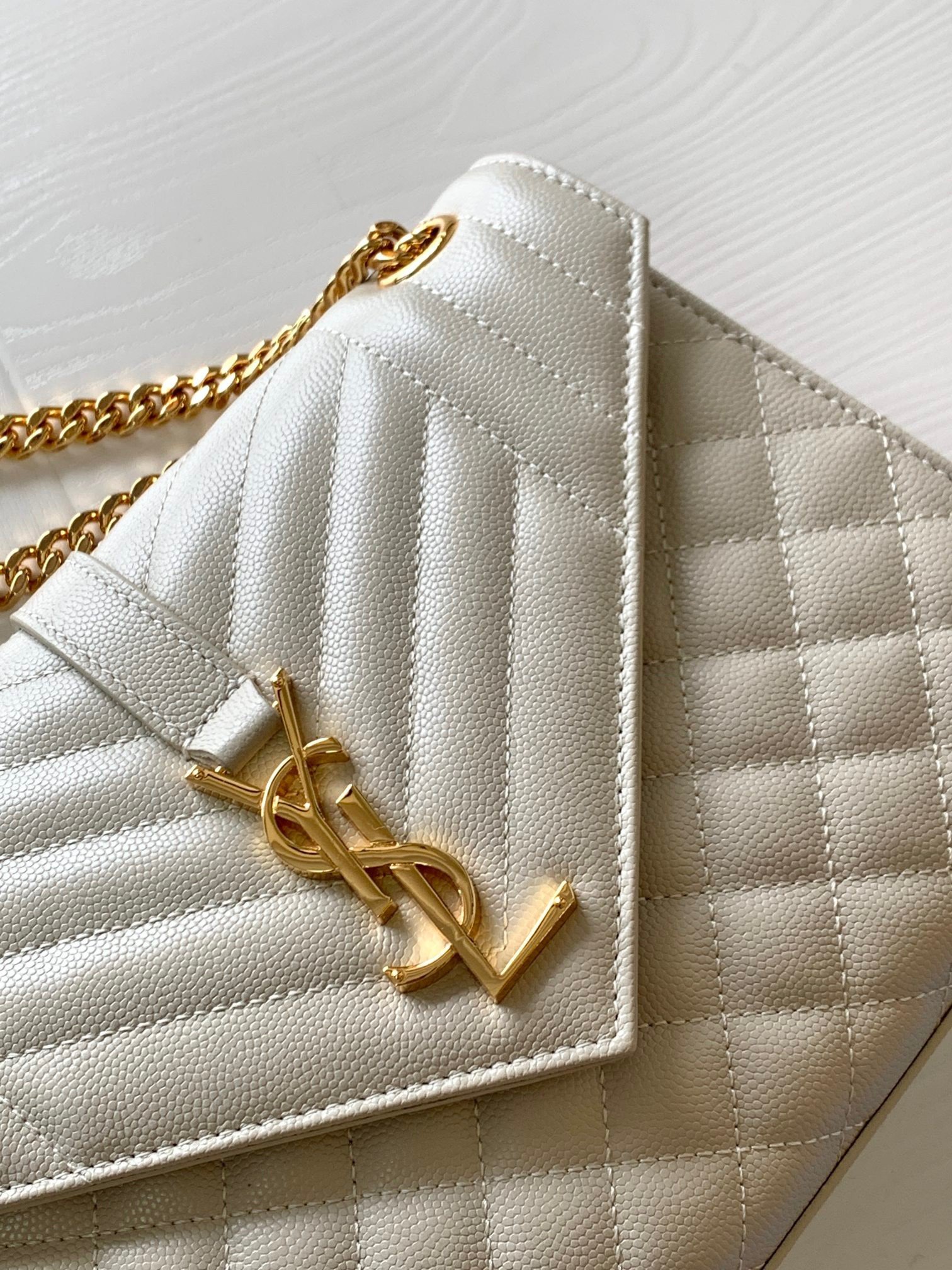 Saint Laurent Envelope Medium Bag In White Matelasse Grained Leather