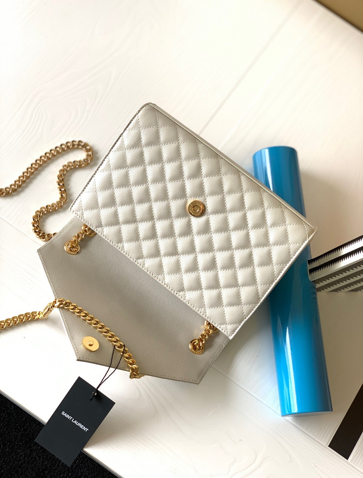 Saint Laurent Envelope Medium Bag In White Matelasse Grained Leather