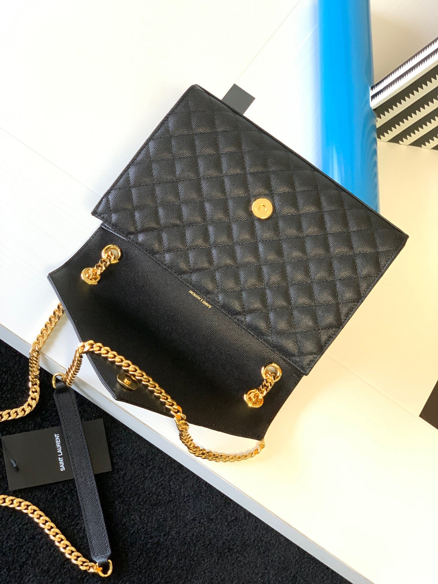 Saint Laurent Envelope Medium Bag In Black Matelasse Grained Leather