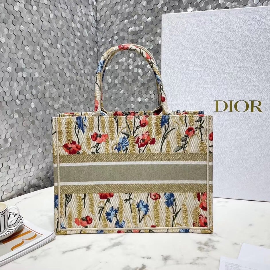 Dior Medium Book Tote Bag In Hibiscus Metallic Thread Embroidery