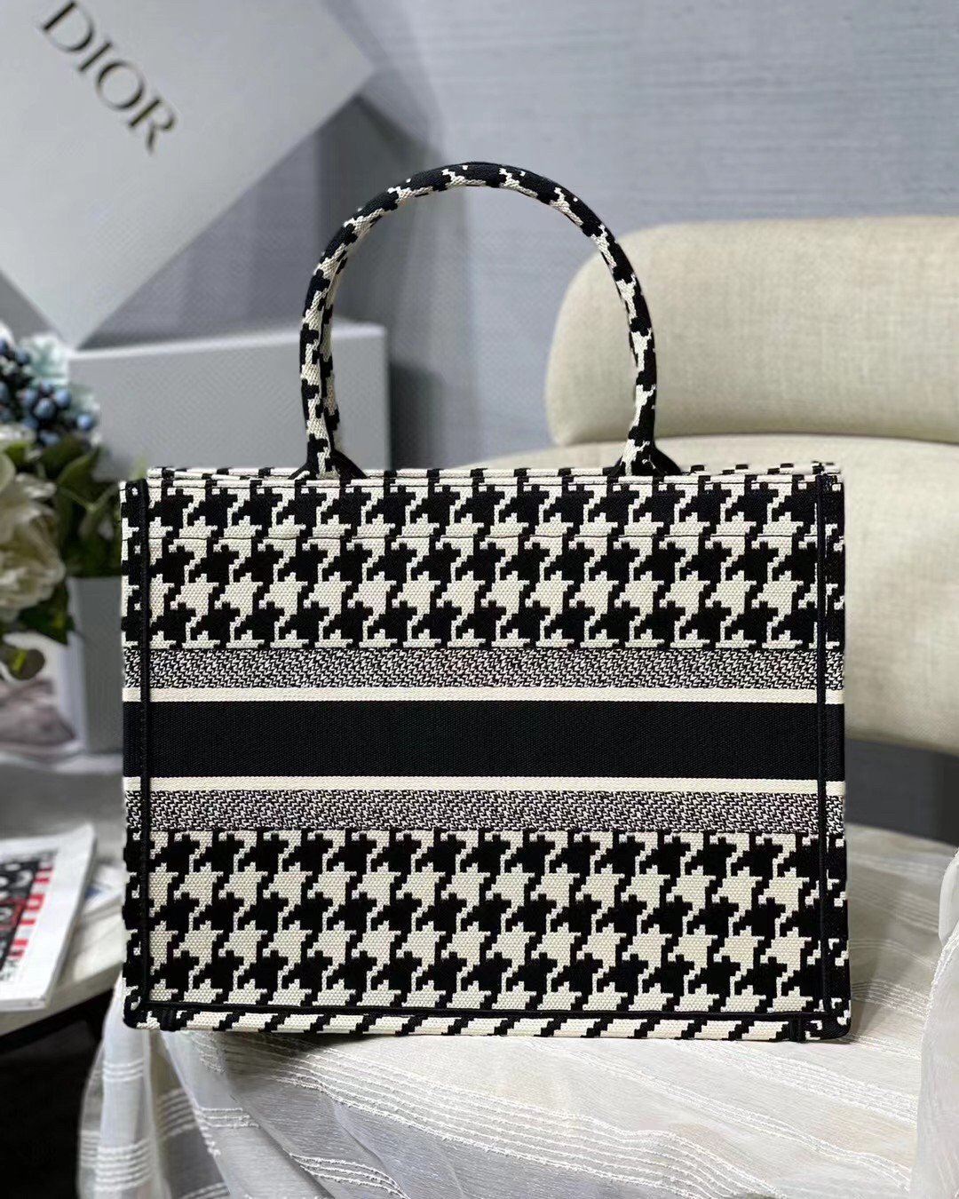 Dior Medium Book Tote Bag In Black Houndstooth Embroidery