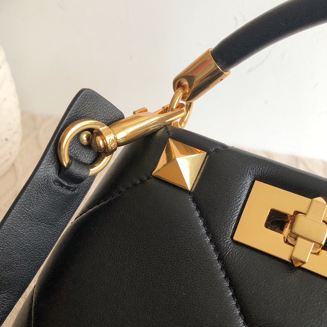 Valentino Roman Stud Mini Handle Bag In Black Nappa Leather