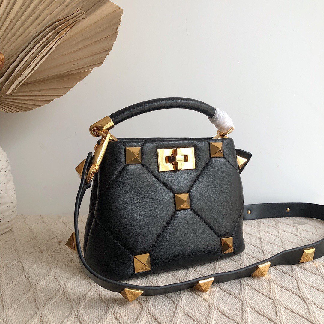 Valentino Roman Stud Mini Handle Bag In Black Nappa Leather